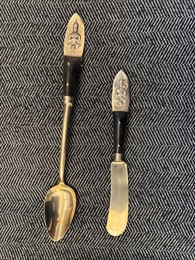 Decorative Thailand Silver-Tone Spoon and Spreader Set - Black Handles